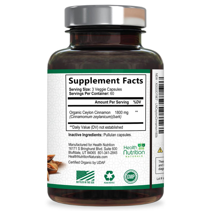 Ceylon Cinnamon Capsules 1800mg - Certified Organic Ceylon Cinnamon Powder Supplement, Bottled in USA, Extra Strength Energy & Heart Support Pills, Non-GMO & Gluten Free, Sugar Free - 180 Capsules