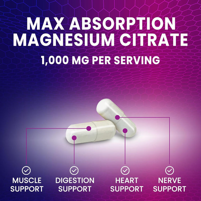 Magnesium Citrate Supplement 1000 mg for Best Absorption, Supports Bone, Heart Health, Nerves, Muscles, Metabolism & Calm, Nature's Pure Magnesio Vitamin Pills, Bottled in USA - 120 Capsules