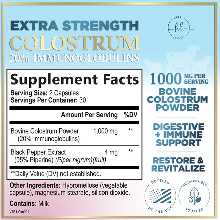 Colostrum 1000mg 20% IgG Immunoglobulins - Gut Health, Digestion & Immune Support, Bovine Colostrum Powder for Women, Muscle, Skin & Hair Growth Support, Bottled in The USA, Gluten Free - 60 Capsules