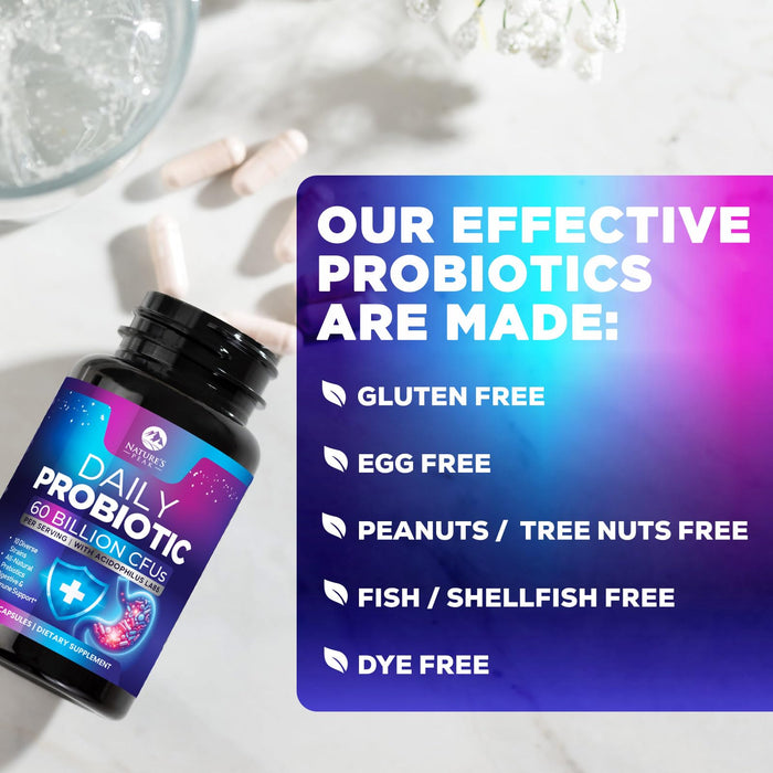 Probiotics 60 Billion CFU - 10 Strains + Digestive Enzymes & Prebiotics - Best Probiotic for Women & Men, Supports Immune, Gut Health, Occasional Constipation, Diarrhea, Gas & Bloating - 120 Capsules