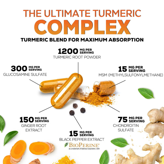 Turmeric Curcumin Supplement 2000mg with Glucosamine Chondroitin & Ginger, 95% Curcuminoids, BioPerine Black Pepper for Best Absorption, Nature's Joint Support, Non-GMO, Bottled in USA - 240 Capsules