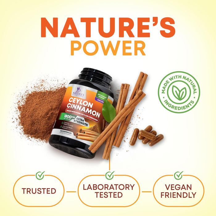 Organic Ceylon Cinnamon Supplement 1800mg - Certified Organic Ceylon Cinnamon Powder Pills - Energy & Heart Support for Women & Men, Bottled in USA, Antioxidant, Gluten Free, Non-GMO - 240 Capsules