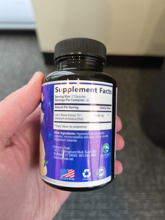 Lions Mane Mushroom Capsules 10,000mg - Lion’s Mane Supplement Capsules for Memory and Focus Support, Brain, Immune Health Support, Vegan, Bottled in USA, Lions Mane Mushroom Powder Extract, 60 Count