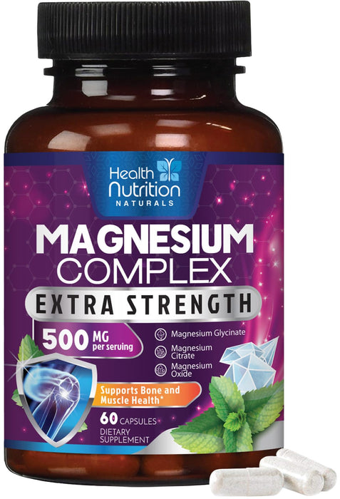 Magnesium Complex Capsules 500 mg with Oxide, Glycinate, Malate, Citrate - High Absorption Complex Chelated Magnesium Mineral Supplements - for Muscle, Bone and Heart Health Support - 60 Capsules