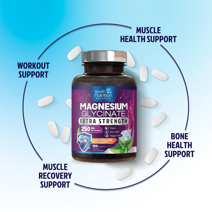 Magnesium Glycinate 250mg - 100% Chelated Magnesium for Max Absorption - Sleep Support, Muscle, Nerves, Bone & Heart Health Support, Best Mag Supplement, Vegan Non-GMO, 3rd Party Tested - 180 Tablets