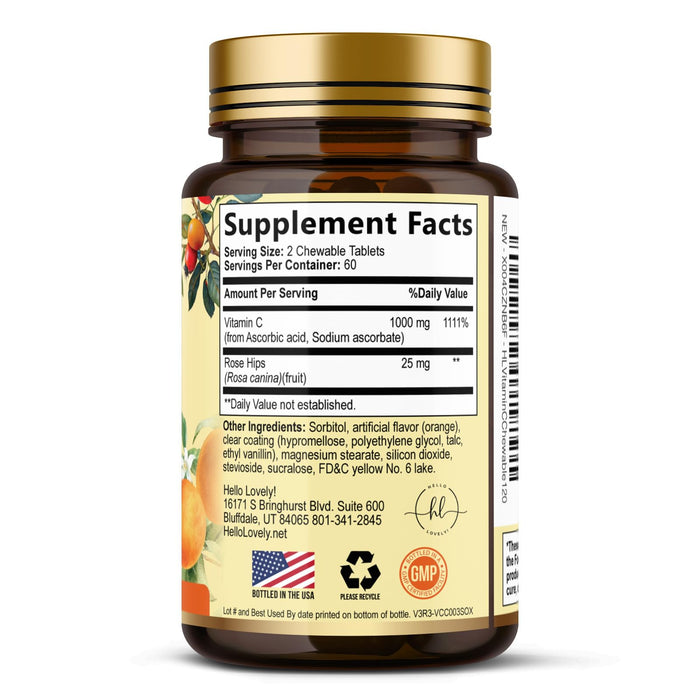 Vitamin C Supplement 1000mg - Extra Strength with Rose Hips Bioflavonoids - Sugar Free Vitamin C Chewable Pills, Nature's Vit C for Immune Support & Antioxidant Protection - 120 Chewable Tablets