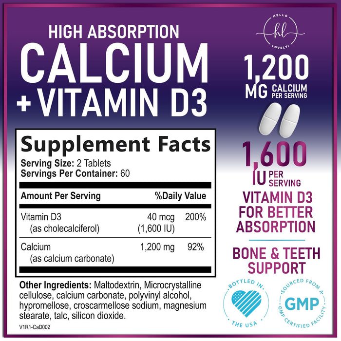 Calcium Supplements for Women 1200 mg Plus 1600 IU Vitamin D3, Bone Health, Teeth & Immune Support - Mineral Supplement with Vitamin D High Absorbable Premium 600 mg Calcium Carbonate - 120 Tablets