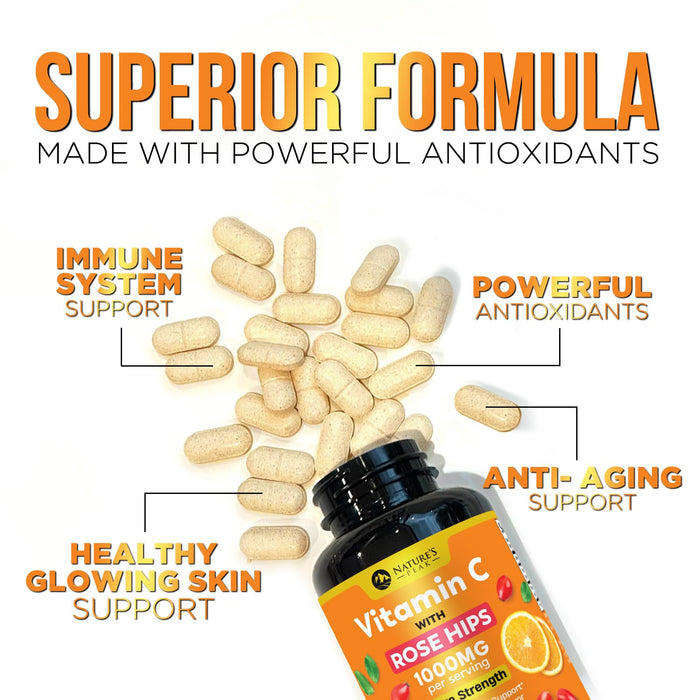 Vitamin C 1000mg Chewable Supplement - Extra Strength Immune Support Vitamin C Dietary Supplement with Rose HIPS, Nature's VitaminC Antioxidant Support, Natural, Vegan, Orange Flavor - 60 Tablets