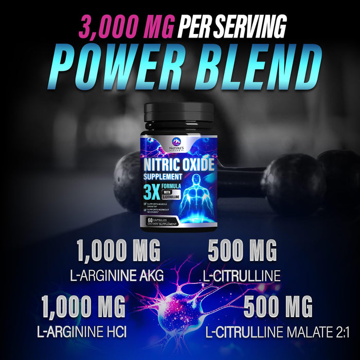Nitric Oxide Supplement 3000mg L Arginine 3X Strength - Citrulline Malate & AKG - Extra Strength Muscle Supporting Nitric Booster for Muscle Growth & Workout Recovery to Train Harder - 60 Capsules