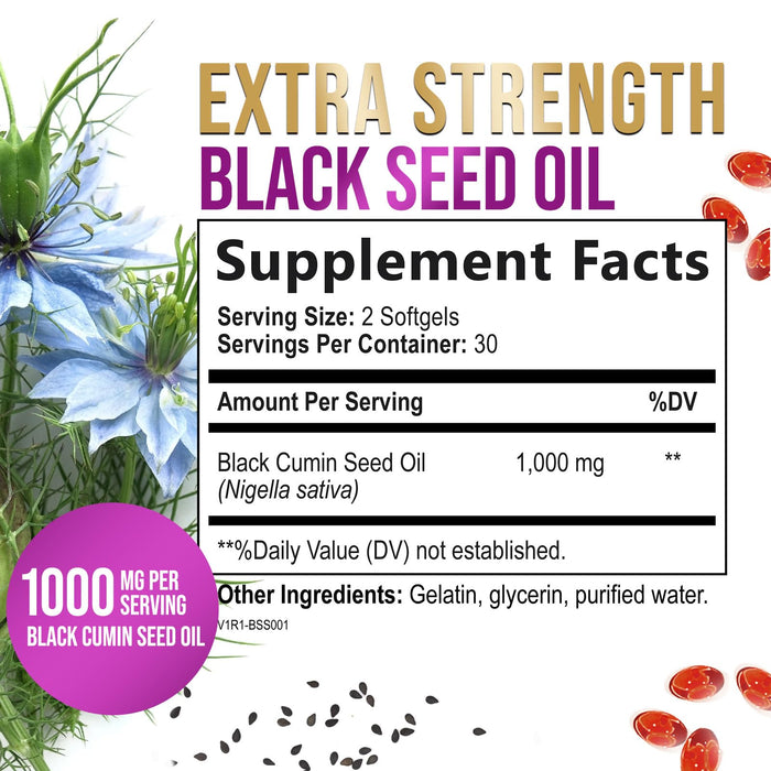 Black Seed Oil 1000mg - Premium Extra Strength Nigella Sativa Blackseed Oil - Black Seed Oil Skin, Digestive Health & Immune Support - Non-GMO Antioxidant, Gluten Free Supplement - 60 Softgels