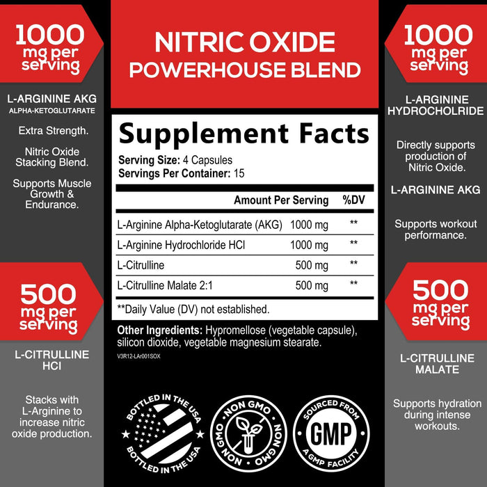 Extra Strength Nitric Oxide Supplement 3X Strength L Arginine, Citrulline Malate, AAKG, Beta Alanine - Premium Muscle Supporting Nitric Booster - Natural Energy & Heart Health Support - 60 Capsules