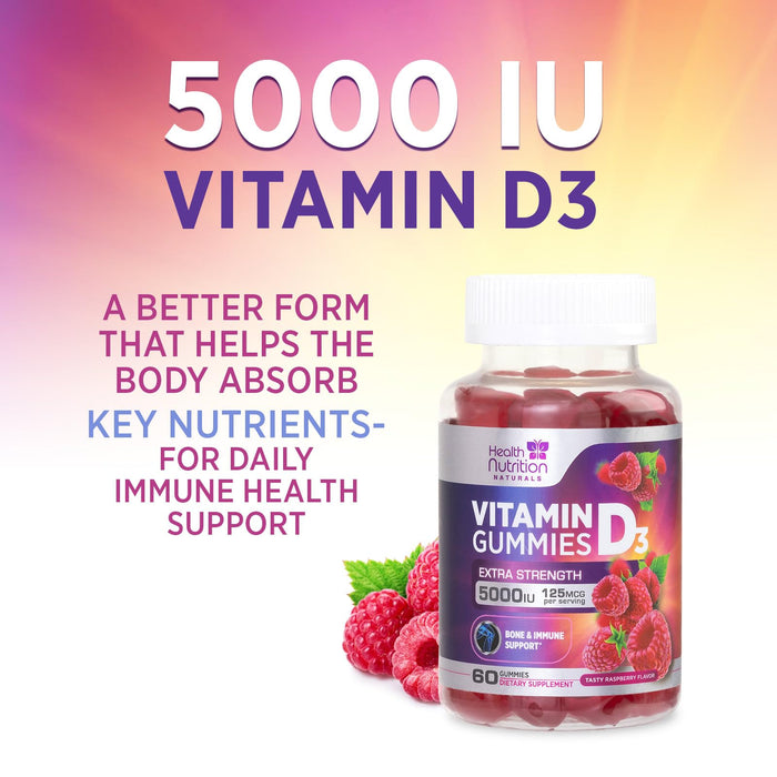 Vitamin D3 Gummies 5000 IU (125 mcg) - Extra Strength Immune Support, Bone, Teeth and Muscle Vitamin D Gummy Dietary Supplement, Nature's Berry D Vitamin Supplement, Raspberry, Non-GMO - 60 Gummies