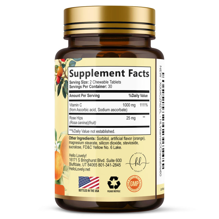 Vitamin C Supplement 1000mg - Extra Strength with Rose Hips Bioflavonoids - Sugar Free Vitamin C Chewable Pills, Nature's Vit C for Immune Support & Antioxidant Protection - 60 Chewable Tablets