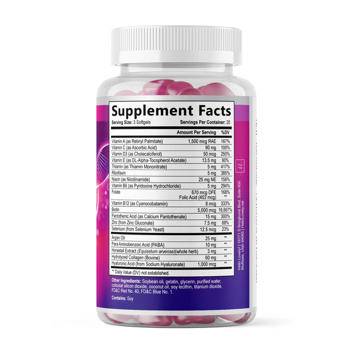 Hair, Skin & Nails Vitamins for Women - Biotin 5000mcg to Support Hair Growth with Argan Oil, Collagen & Hyaluronic Acid, Beautiful, Stronger Skin, Hair & Nails Vitamin Supplement - 60 Softgels