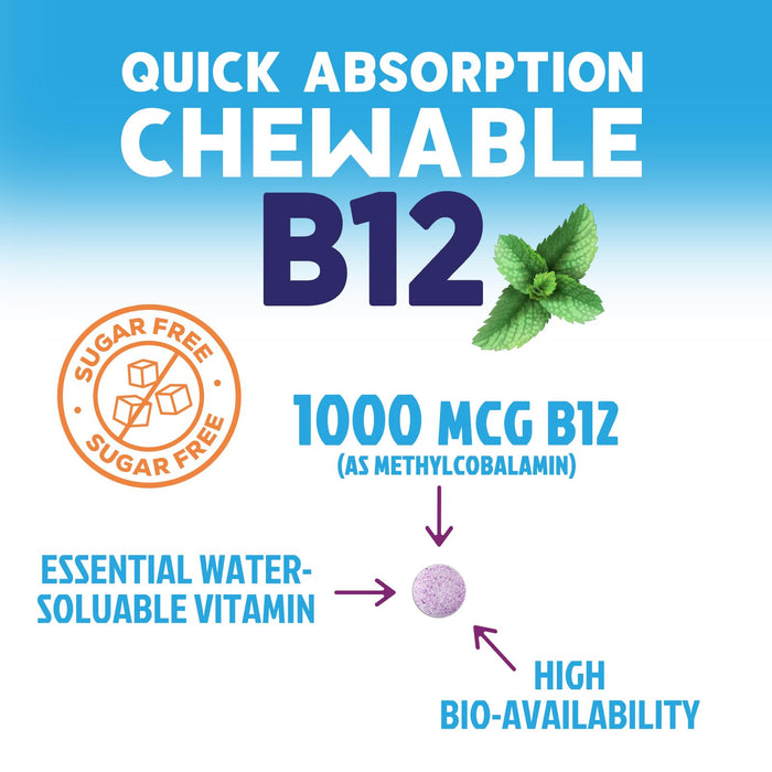 Vitamin B12 1000 mcg (Methylcobalamin) Super B 12 Complex Dietary Supplement for Energy & Immune Support, Vegan, Sugar-Free, Sublingual, Tasty Raspberry Flavor - 120 Chewable Tablets, 120 Day Supply