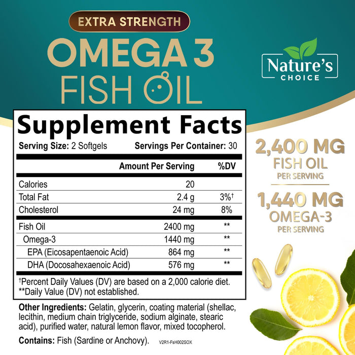 Omega 3 Fish Oil Supplement 2400 mg - Triple Strength EPA & DHA Fish Oil Omega 3, Essential Fatty Acids Supplement Softgels, Brain & Heart Health Support Supplements, Gluten Free Non-GMO, 60 Softgels