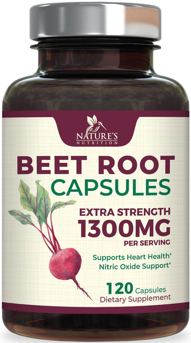 Beet Root Capsules 1300mg - Extra Strength Red Beetroot Powder Supplement â€“ Supports Nitric Oxide Production, Heart Health & Natural Energy â€“ Non-GMO, Vegan, Gluten Free â€“ 120 Veggie Capsules