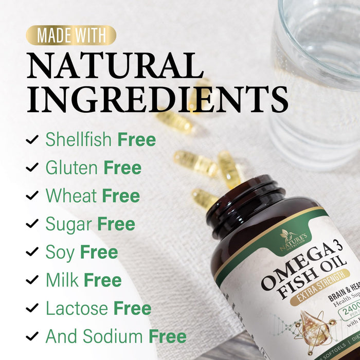Omega 3 Fish Oil Supplements - 2400 mg Triple Strength Omega3, EPA & DHA with Essential Fatty Acids - Natural Immune, Brain & Heart Health Support - Gluten Free, Non-GMO, Wild Caught - 120 Softgels