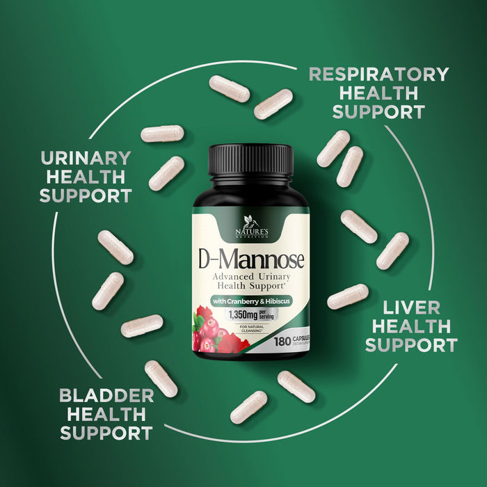D-Mannose Supplement 1,350 mg with Cranberry & Hibiscus - Effective Fast-Acting, Flush the Impurities for Natural Bladder, Urinary Tract Health Support, for Women and Men, Non-GMO, Vegan, 180 Capsules