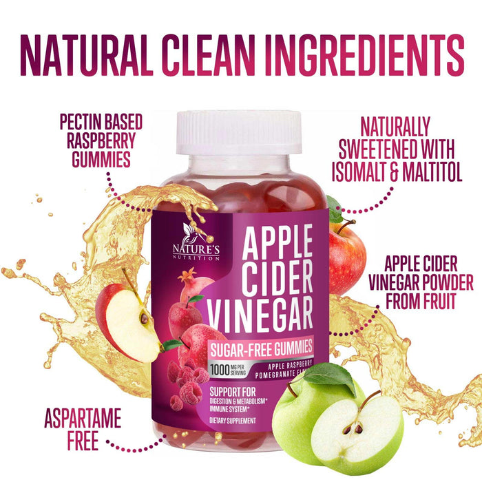 Apple Cider Vinegar Gummies Sugar Free 1000mg for Cleanse, ACV Gummy Vitamin B12 for Digestion Energy & Immune Health Support, Supports Metabolism, Keto Friendly, Apple Raspberry Flavor - 60 Gummies
