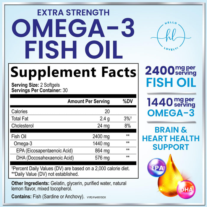 Omega 3 Fish Oil Supplements 2400mg - Triple Strength Omega 3 Fatty Acids, Natural Heart Health Brain & Joint Support - Fatty Acids with EPA & DHA - Wild Caught Fish Oil Supplement - 60 Softgels