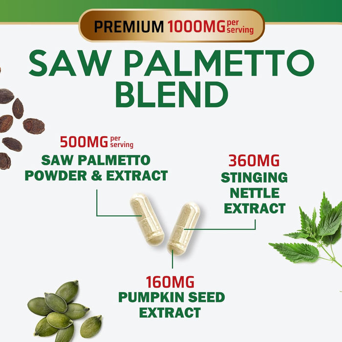 Saw Palmetto for Men 1000MG Prostate Health Supplement - Saw Palmetto Extract Prostate Support Supplement, Prostate Supplements for Men's Health Support, Prostate Urinary Health Support, 60 Capsules