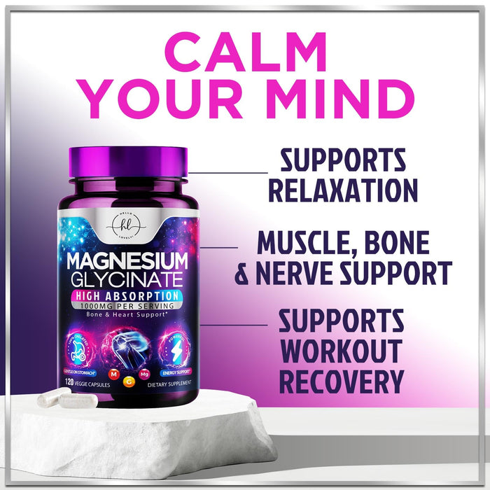 Magnesium Glycinate 1000mg | High Absorption | Chelated to Support Bone, Muscle, Nerves & Heart Health | Natural Sleep & Stress Support Women & Men | Vegan, Gluten & Soy Free, Non-GMO | 120 Capsules