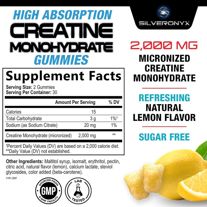 Creatine Monohydrate Gummies 2000mg - Best Micronized, Sugar Free Creatine Chewables for Men & Women - Supports Lean Muscle, Strength, Energy, & Endurance - Non-GMO, Gluten Free - 60 Lemon Gummies