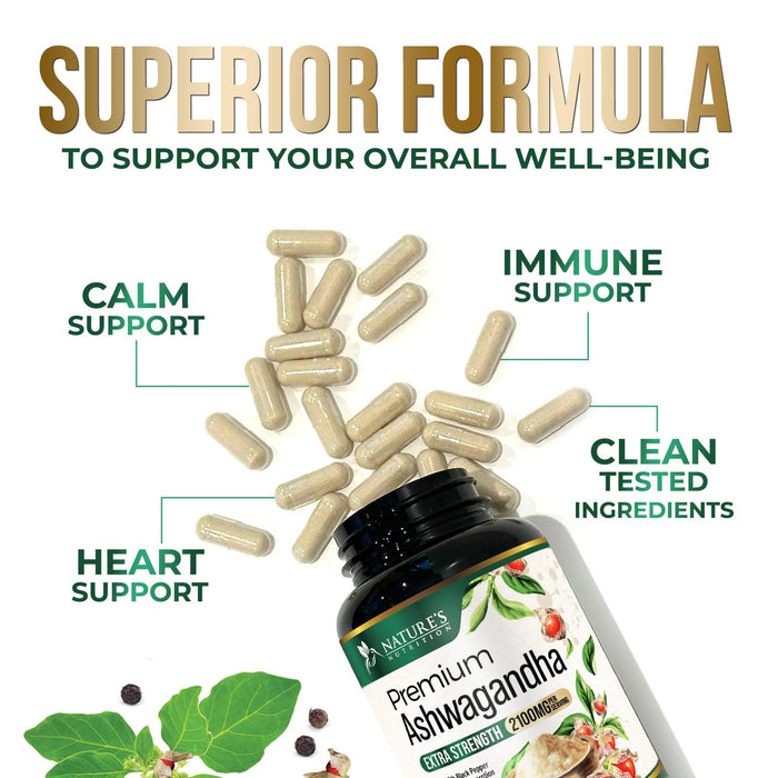Ashwagandha Capsules for Women & Men - 2100mg Ashwagandha Supplement, Natural Antioxidant Support, Ashwa Root Extract, Extra Strength Calm Support with Black Pepper, Vegan & Gluten Free - 60 Capsules