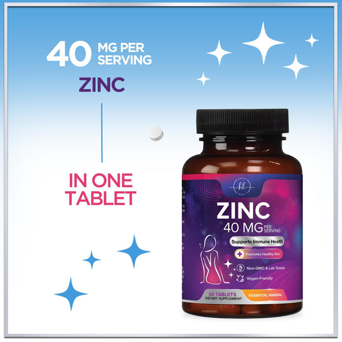 Zinc Supplements for Women and Men - 40mg Supplement for Immune Support, Skin Health Support, & Antioxidant Supplement for Adults, High Potency Zinc Gluconate 40 mg, Non-GMO - 60 Tablets