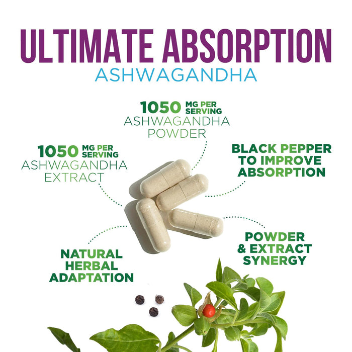 Ashwagandha 2100mg - Extra Strength with Black Pepper for Max Absorption, Ashwagandha Powder and Root Supplements for Women & Men, Antioxidant Support, Vegan, Non-GMO & Gluten Free - 60 Capsules
