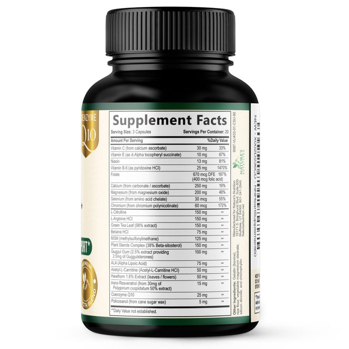 Heart Supplements for Men & Women 1650mg - Antioxidants for Heart Health Support with CoQ10, Hawthorn, Plant Sterol & More Vitamins to Support Nitric Oxide & Energy Production, Non-GMO - 60 Capsules