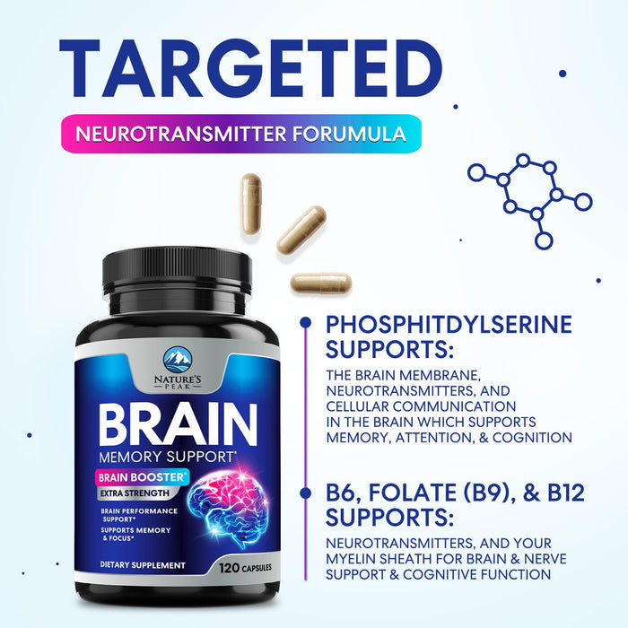 Brain Memory Supplement Pills - Nootropics Support for Concentration, Clarity, Alertness & Focus - Brain Health with Bacopa, Cognitive Vitamins, Phosphatidylserine, DMAE - Brain Booster - 120 Capsules