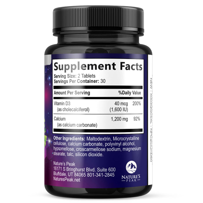 Calcium 1200 mg with Vitamin D3, Calcium Supplement Vitamins, Bone, Teeth & Immune Health Support, Calcium Supplements with D for Women & Men, Nature's Absorbable Calcium Carbonate - 60 Tablets