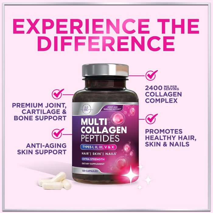 Multi Collagen Peptides Supplement - Hydrolyzed Types I, II, III, V & X Multi Collagen Pills, Hydrolyzed Collagen Peptides Supplements, Hair, Skin, Nail, and Joint Support Supplement, 120 Capsules