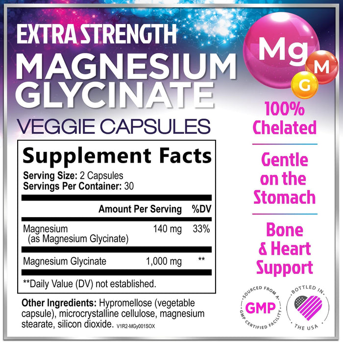 Magnesium Glycinate 1000mg | High Absorption | Chelated to Support Bone, Muscle, Nerves & Heart Health | Natural Sleep & Stress Support Women & Men | Vegan, Gluten & Soy Free, Non-GMO | 60 Capsules