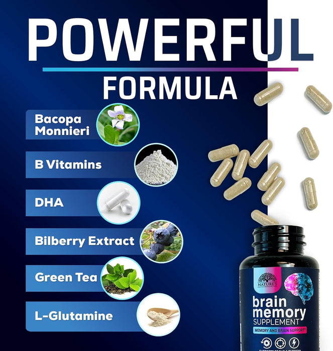 Brain Memory Supplement Pills - 3X Strength Nootropics for Concentration, Clarity & Focus Support - Brain Health Cognitive Vitamins with Bacopa, Phosphatidylserine & DMAE, Brain Booster - 120 Capsules