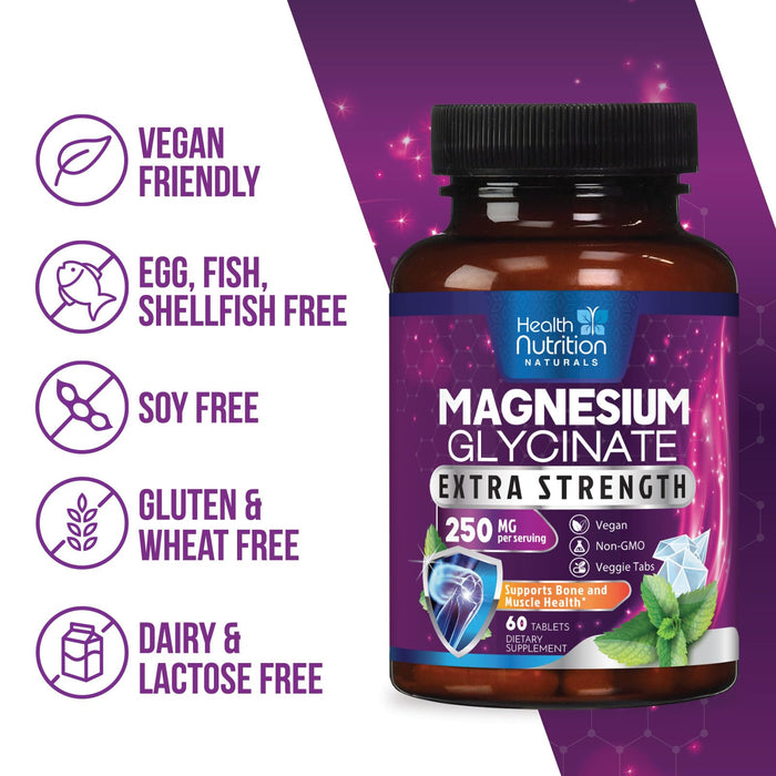 Magnesium Glycinate 250mg - 100% Chelated Magnesium for Max Absorption - Sleep Support, Muscle, Nerves, Bone & Heart Health Support, Best Mag Supplement, Vegan Non-GMO, 3rd Party Tested - 60 Tablets