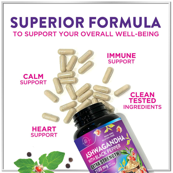 Ashwagandha 2,100 mg - Ashwagandha Supplements for Women in Veggie Capsules with Powder & Root Extract, Black Pepper for High Absorption, Plant Based, Non-GMO, Bottled in the USA - 60 Veggie Capsules