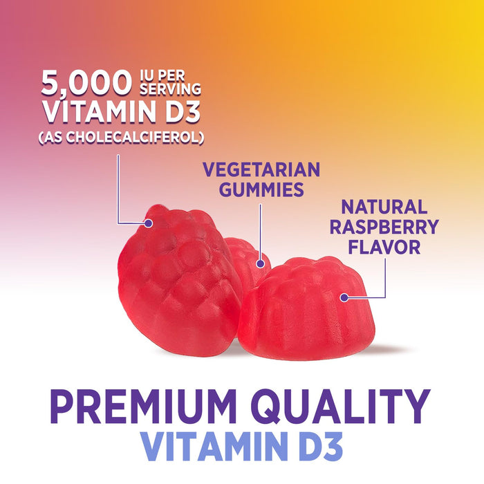 Vitamin D3 Gummies 5000 IU (125 mcg) - Extra Strength Immune Support, Bone, Teeth and Muscle Vitamin D Gummy Dietary Supplement, Nature's Berry D Vitamin Supplement, Raspberry, Non-GMO - 120 Gummies
