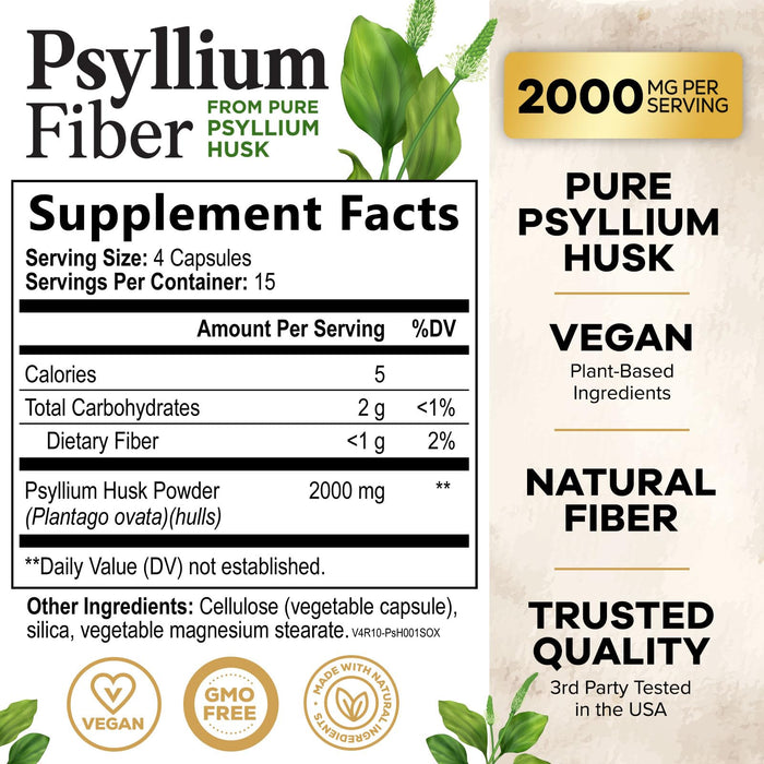 Psyllium Husk Fiber Supplement 1500mg, Natural Daily Soluble & Insoluble Fiber Pills, Psyllium Husk Powder Capsules Supports Digestion Colon Health & Regularity, Plant Based Supplement - 60 Capsules