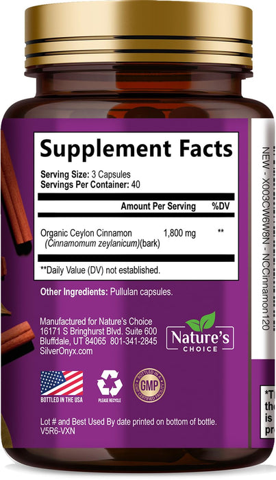 Ceylon Cinnamon Capsules 1800mg - Certified Organic Cinnamon, Bottled in USA, & Pure Extra Strength Ceylon Cinnamon Supplement, Antioxidant Pills, Non-GMO & Gluten Free, Sugar Free - 120 Capsules