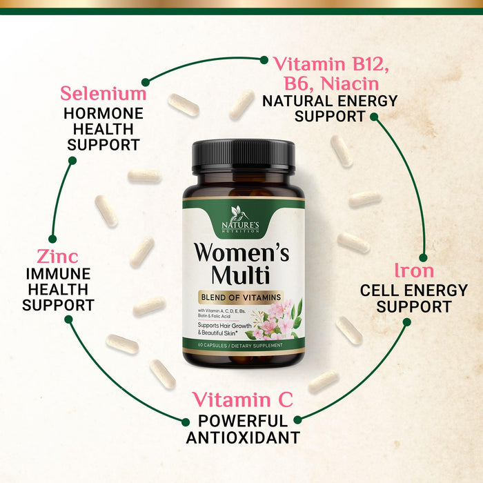Multivitamin for Women with Vitamins A, C, D, E, B6, B12, Zinc, Calcium & Magnesium, Womens Daily Multi Vitamin Multimineral Supplement for Bone Health, Energy & Immune Support, Non-GMO - 60 Capsules