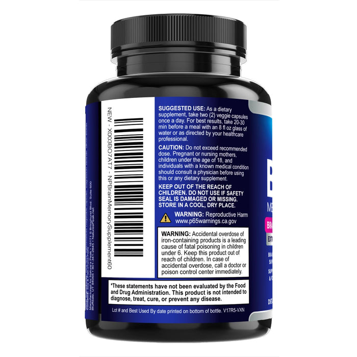 Brain Memory Supplement Pills - Nootropics Support for Concentration, Clarity, Alertness & Focus - Brain Health with Bacopa, Cognitive Vitamins, Phosphatidylserine, DMAE - Brain Booster - 60 Capsules