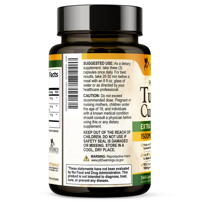 Turmeric Curcumin Supplement 1500mg - Organic Tumeric & BioPerine Black Pepper for Best Absorption with 95% Curcuminoids, Nature's Joint & Immune Support, Non-GMO, Bottled in USA - 360 Capsules