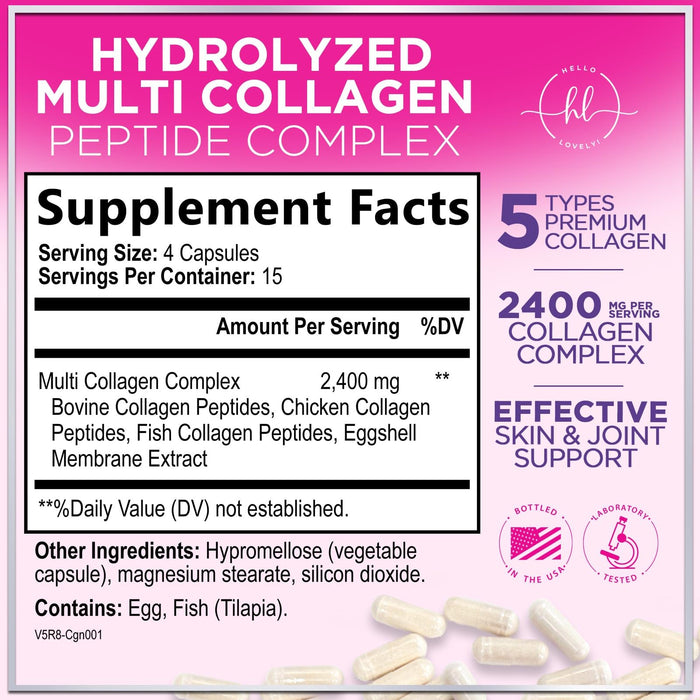 Multi Collagen Peptides Supplement - Hydrolyzed Types I, II, III, V & X Multi Collagen Pills, Hydrolyzed Collagen Peptides Supplements, Hair, Skin, Nail, and Joint Support Supplement, 60 Capsules