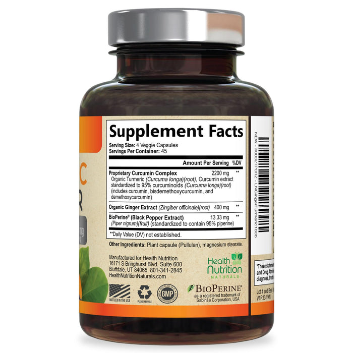 Turmeric Curcumin Supplement 2600mg - with Organic Ginger & Turmeric, 95% Curcuminoids, BioPerine Black Pepper for Best Absorption, Nature's Vegan Joint Support, Non-GMO, Bottled in USA - 180 Capsules