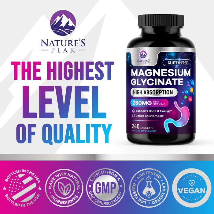 Magnesium Glycinate Chelated for Max Absorption - Supports Bone, Muscle, Nerves & Heart Health, Nature's Sleep and Stress Support, Best Magnesium Supplement Pills for Whole Body Support - 240 Tablets