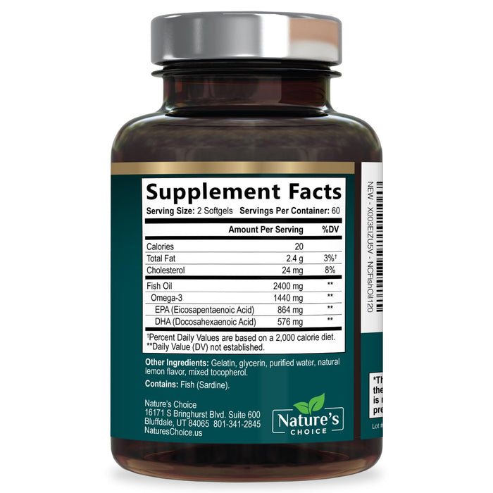 Omega 3 Fish Oil Supplement 2400 mg - Triple Strength EPA & DHA Fish Oil Omega 3, Essential Fatty Acids Supplement Softgels, Brain & Heart Health Support Supplements, Gluten Free Non-GMO, 120 Softgels