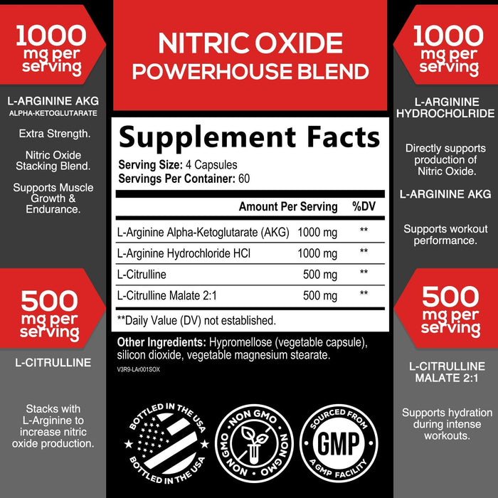 Extra Strength Nitric Oxide Supplement 3X Strength L Arginine, Citrulline Malate, AAKG, Beta Alanine - Premium Muscle Supporting Nitric Booster - Natural Energy & Heart Health Support - 240 Capsules